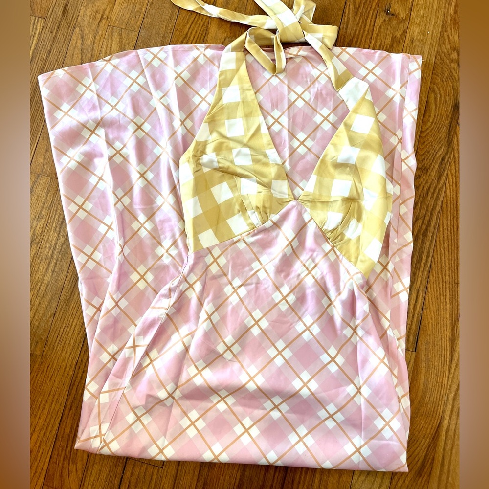 Picnic Plaid Satin Midi Dress Halter Y2K Slip AU 6 US XS - Picture 5 of 16